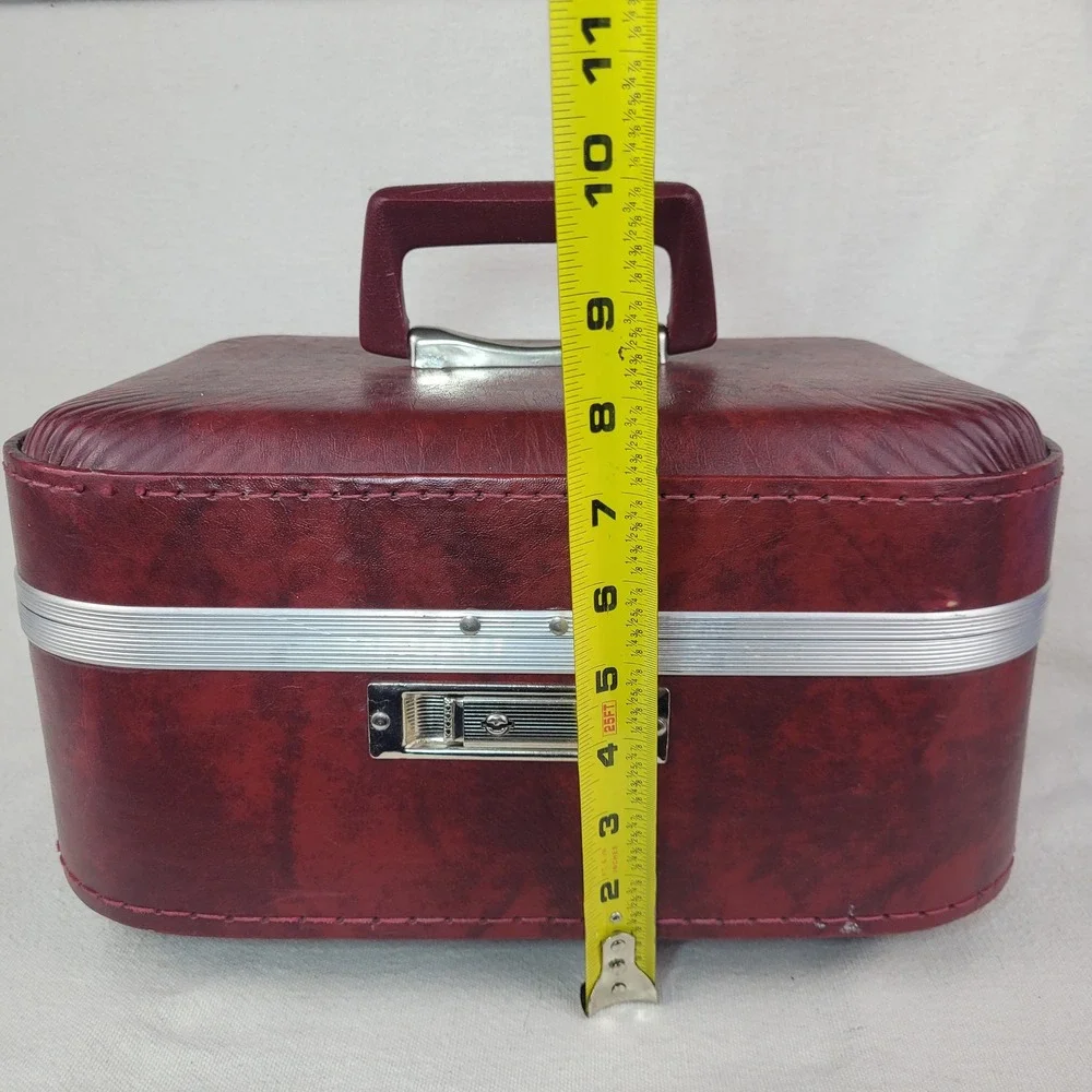 Vintage Burgundy Faux Leather Train Case Vanity Makeup Box Mid Century Travel